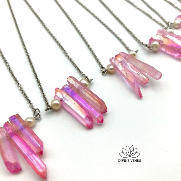 Angel Aura Pink Quartz x Pearls Necklace | Stainless Steel Chain - Picture 14 of 15